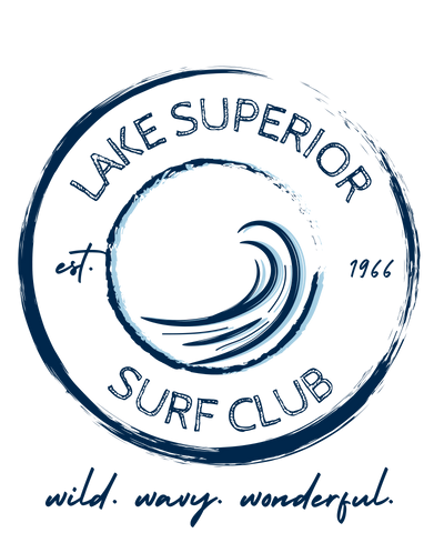 lake Superior surf club collection logo on a navy tee