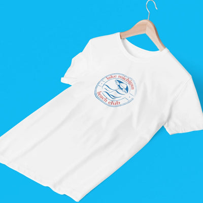 michigan-themed kids tee shirt with blue and red logo