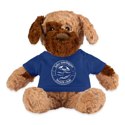 Lake Michigan Beach Club Plush Dog – Cuddly Stuffed Animal with Logo Tee - royal blue