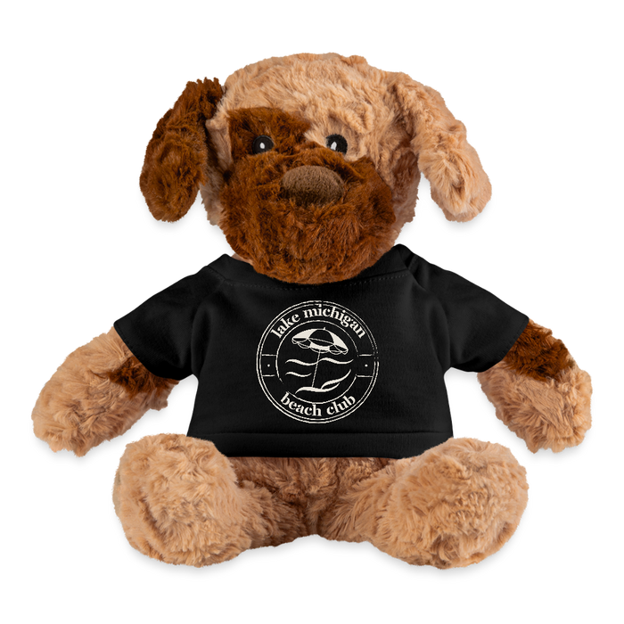 Lake Michigan Beach Club Plush Dog – Cuddly Stuffed Animal with Logo Tee - black