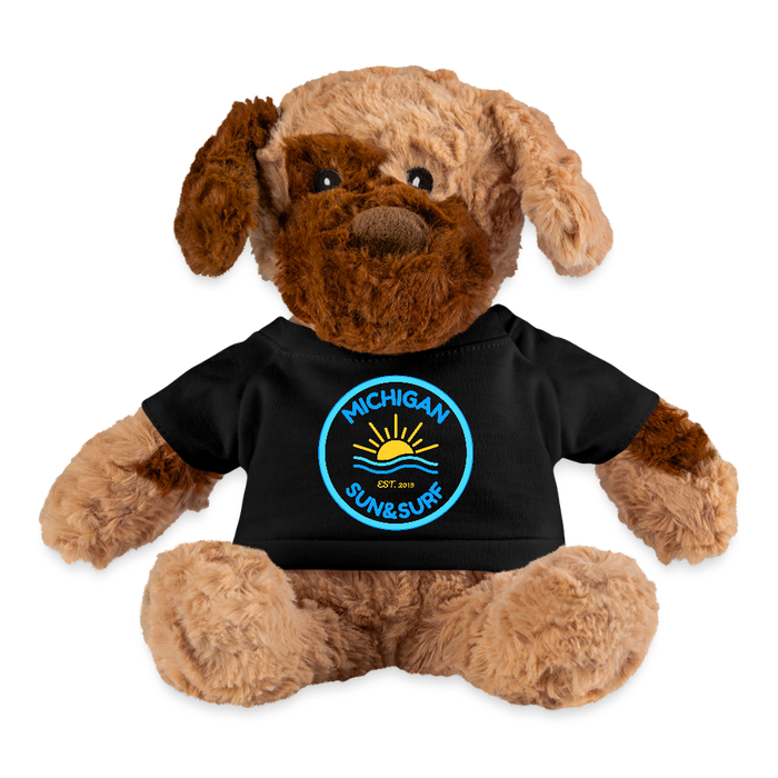 Michigan Sun & Surf Club Plush Dog – Cuddly Stuffed Animal with Logo Tee - black