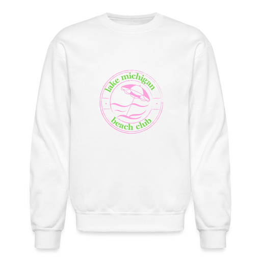 Fresh Coast Prep Crewneck Sweatshirt – Lake Michigan Beach Club | Pink & Green Logo - white