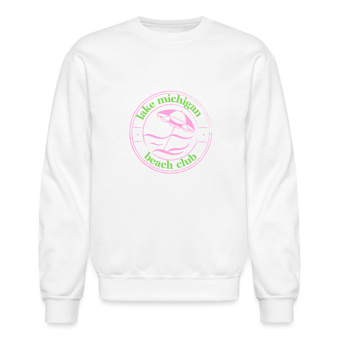 Fresh Coast Prep Crewneck Sweatshirt – Lake Michigan Beach Club | Pink & Green Logo - white