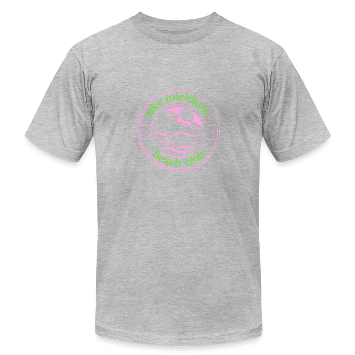Fresh Coast Prep Tee – Lake Michigan Beach Club | Pink & Green Logo - heather gray