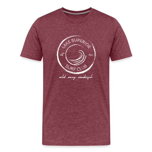 Lake Superior Surf Club Premium Unisex T-Shirt – White Logo | Wild. Wavy. Wonderful. - heather burgundy