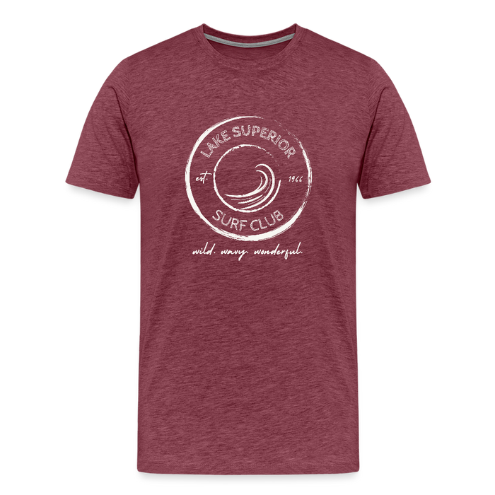 Lake Superior Surf Club Premium Unisex T-Shirt – White Logo | Wild. Wavy. Wonderful. - heather burgundy