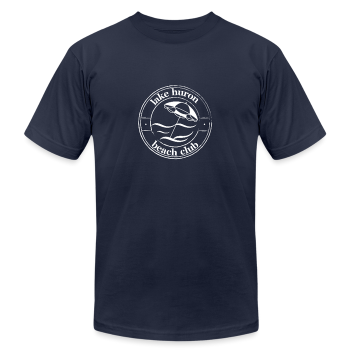 Lake Huron Beach Club Unisex Jersey T-Shirt – White Logo | Bella + Canvas - navy
