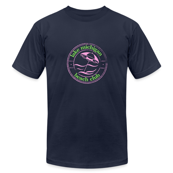 Fresh Coast Prep Tee – Lake Michigan Beach Club | Pink & Green Logo - navy