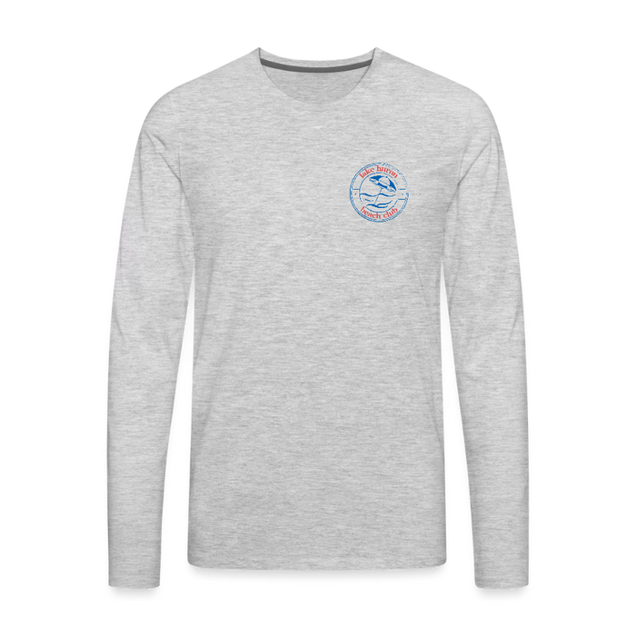 Lake Huron Beach Club Premium Long Sleeve Tee – Navy & Red Logo (Left Pocket) - heather gray