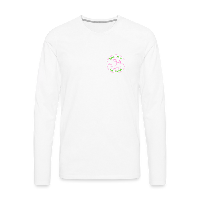 Lake Huron Beach Club Premium Long Sleeve Tee – Pink & Green Logo (Left Pocket) - white