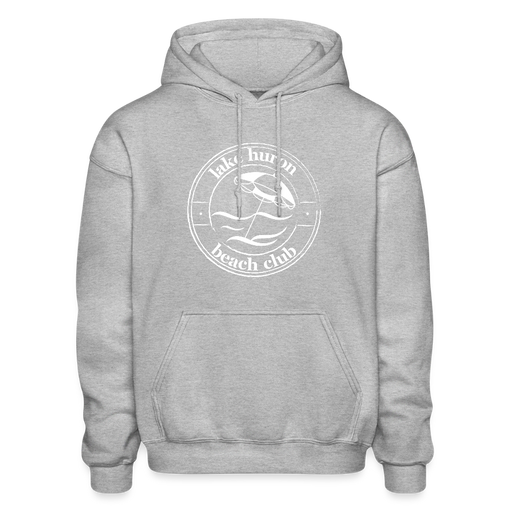 Lake Huron Beach Club Unisex Hoodie – White Logo | Gildan Heavy Blend | - heather gray