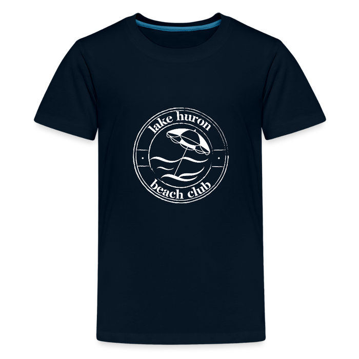 Lake Huron Beach Club Kids’ T-Shirt – White Logo | Soft Cotton Tee - deep navy