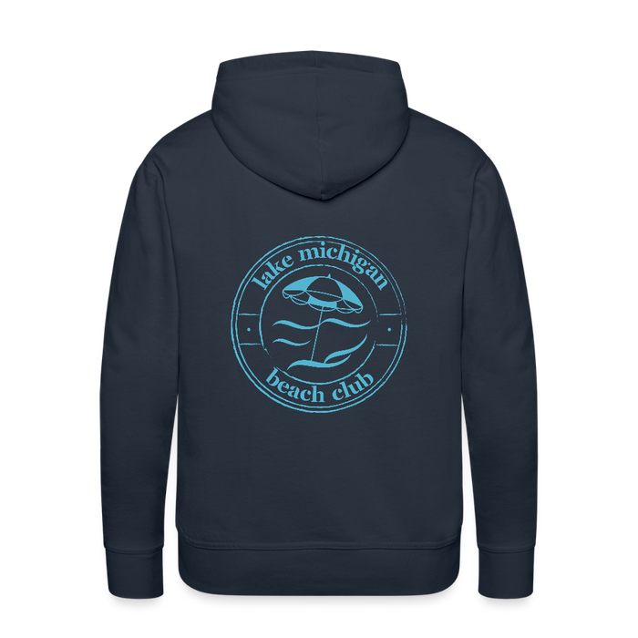 Lake Michigan Beach Club Men’s Premium Hoodie – Navy with Aqua Logo - navy