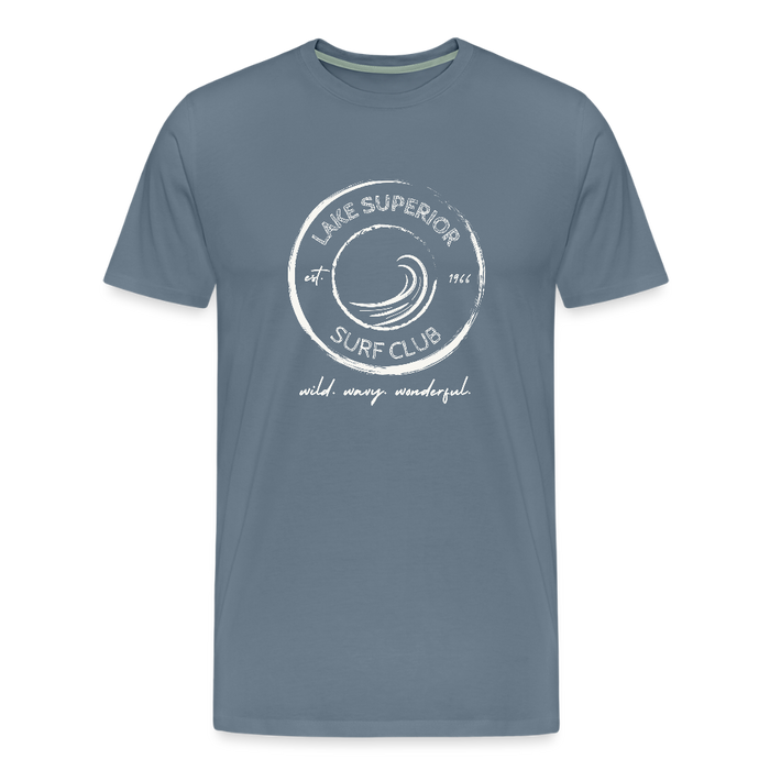 Lake Superior Surf Club Premium Unisex T-Shirt – White Logo | Wild. Wavy. Wonderful. - steel blue