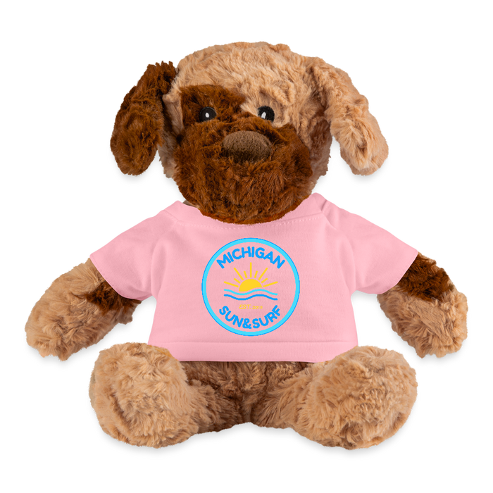 Michigan Sun & Surf Club Plush Dog – Cuddly Stuffed Animal with Logo Tee - petal pink