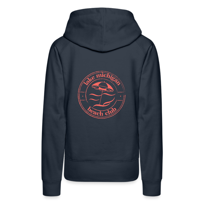 Lake Michigan Beach Club Women’s Premium Hoodie – Navy with Coral Logo - navy