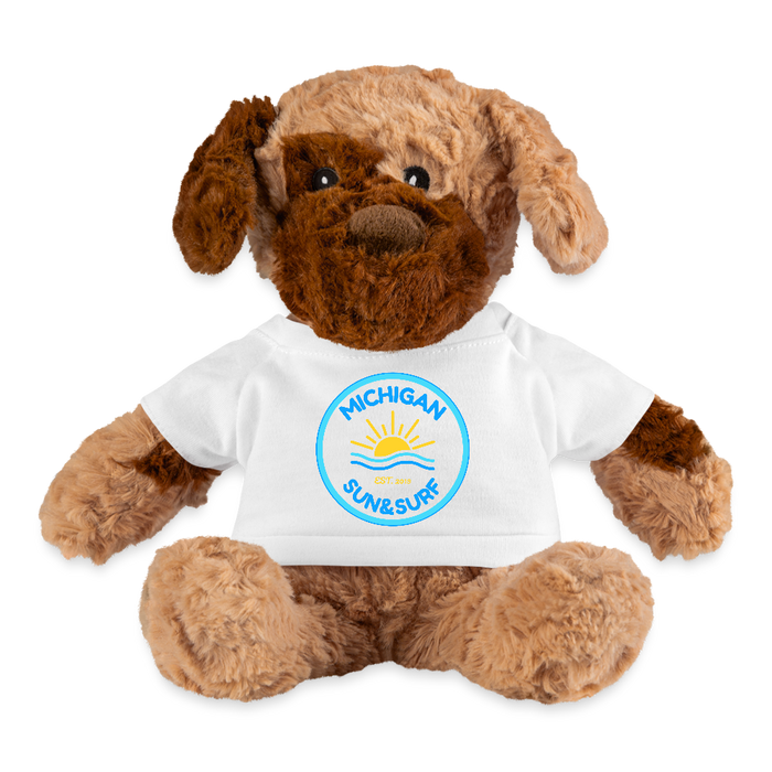 Michigan Sun & Surf Club Plush Dog – Cuddly Stuffed Animal with Logo Tee - white