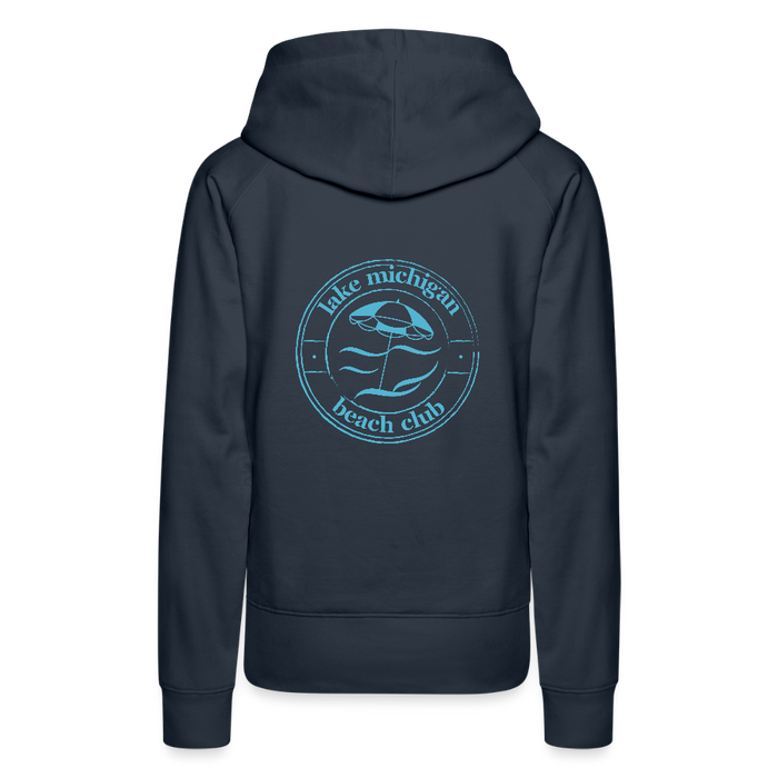 Lake Michigan Beach Club Women’s Premium Hoodie – Navy with Aqua Logo - navy