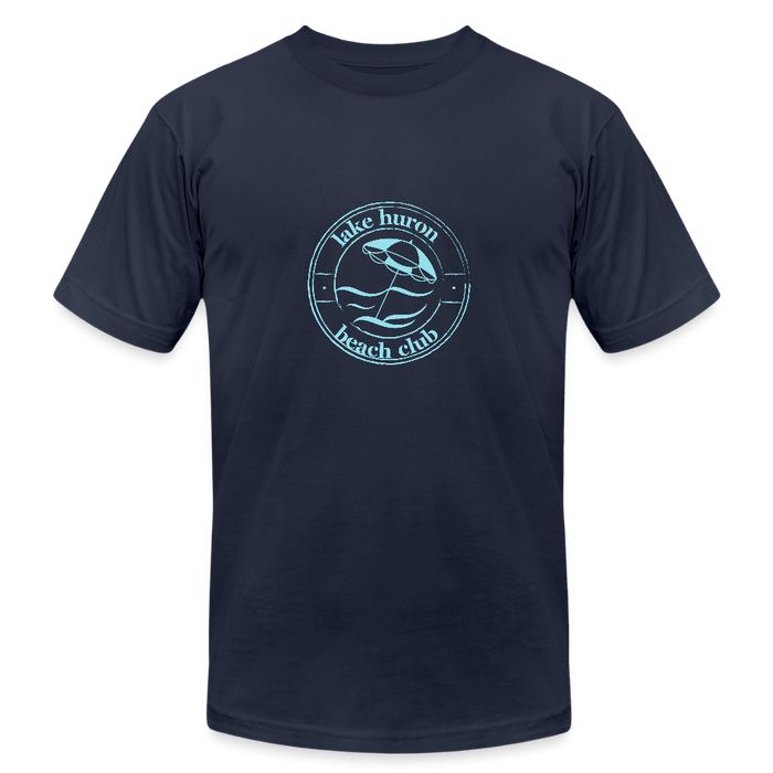 Lake Huron Beach Club Unisex Jersey T-Shirt – Soft Teal Logo | Bella + Canvas - navy