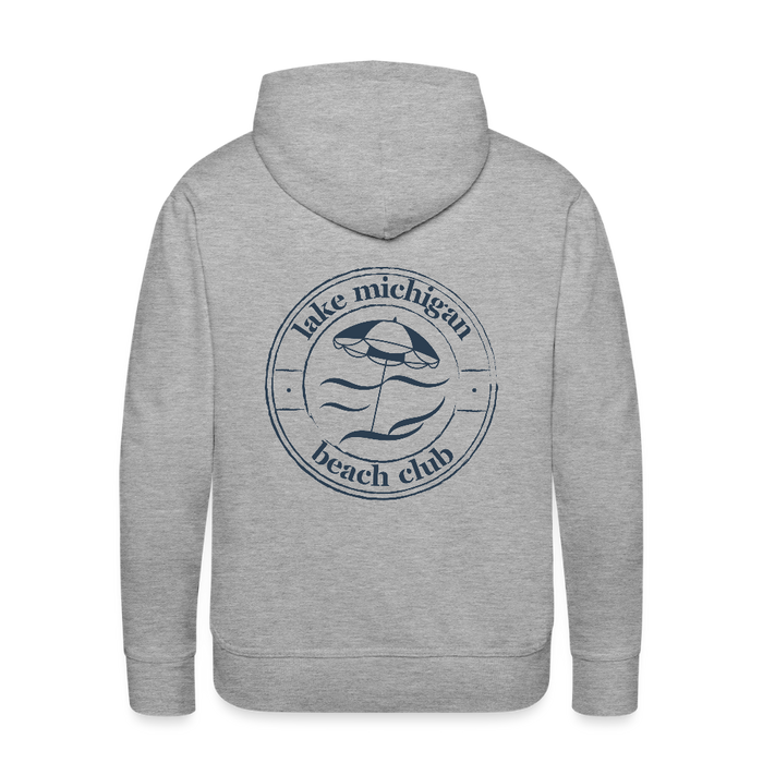 Lake Michigan Beach Club Men’s Premium Hoodie – Heather Gray with Navy Logo - heather grey