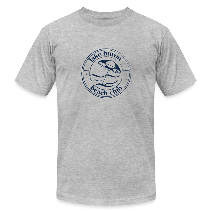 Lake Huron Beach Club Unisex Jersey T-Shirt – Navy Logo | Bella + Canvas - heather gray