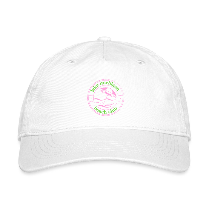 Lake Michigan Beach Club Organic Baseball Cap – Pink & Green Logo - white