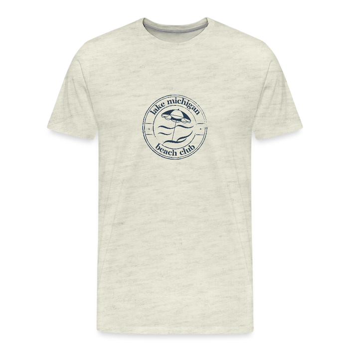 Lake Michigan Beach Club™ Men’s Premium Tee – Oatmeal with Navy Logo - heather oatmeal