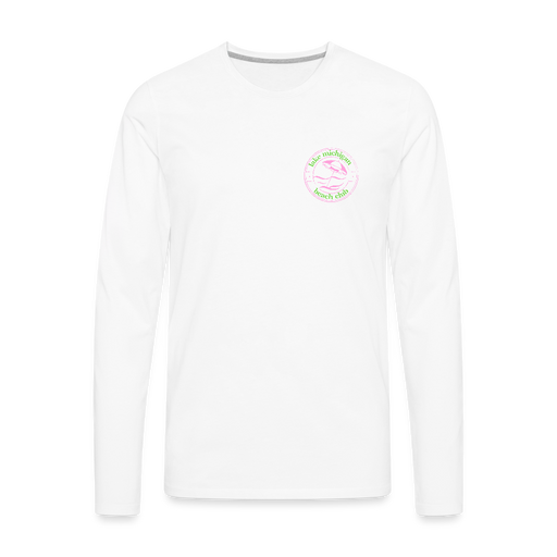 Lake Michigan Beach Club Premium Long Sleeve Tee – Pink & Green Logo (Left Pocket) - white