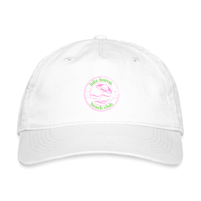 Lake Huron Beach Club Organic Baseball Cap – Pink & Green Logo - white