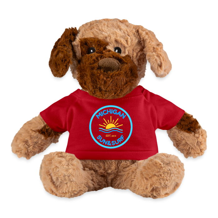 Michigan Sun & Surf Club Plush Dog – Cuddly Stuffed Animal with Logo Tee - red