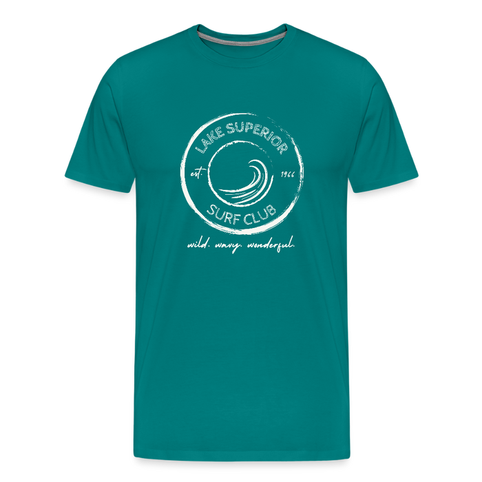Lake Superior Surf Club Premium Unisex T-Shirt – White Logo | Wild. Wavy. Wonderful. - teal