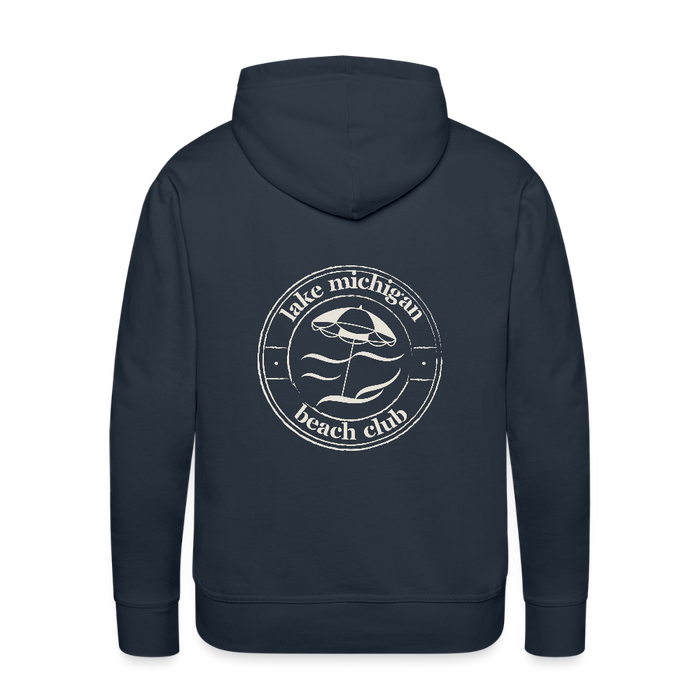 Lake Michigan Beach Club Men’s Premium Hoodie – Navy with Sand Logo - navy
