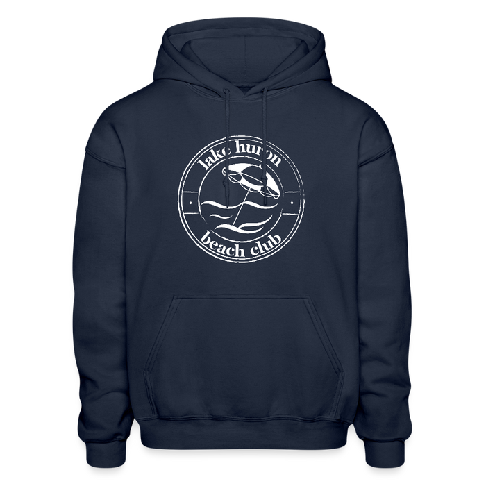 Lake Huron Beach Club Unisex Hoodie – White Logo | Gildan Heavy Blend | - navy
