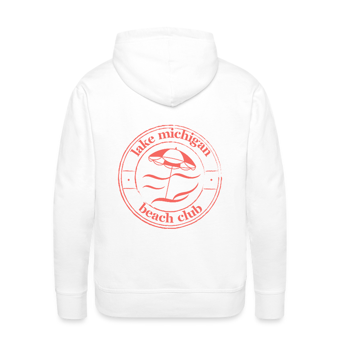 Lake Michigan Beach Club Men’s Premium Hoodie – White with Coral Logo - white