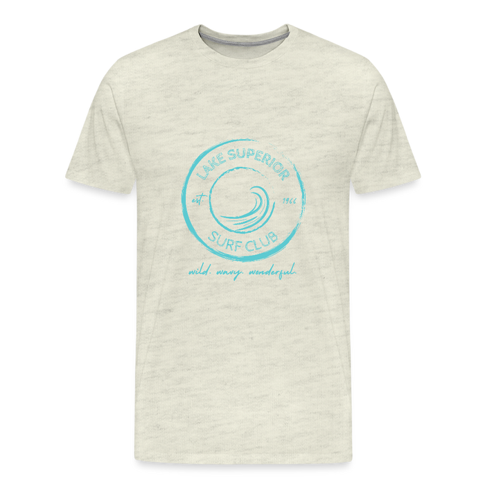 Lake Superior Surf Club Premium Unisex T-Shirt – Aqua Logo | Wild. Wavy. Wonderful. - heather oatmeal