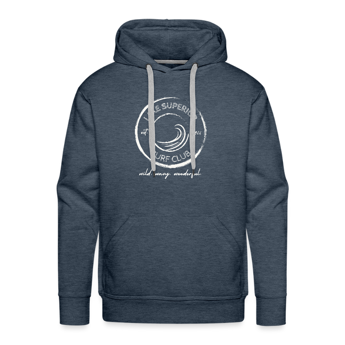 Lake Superior Surf Club Premium Hoodie – White Logo | Wild. Wavy. Wonderful. - heather denim