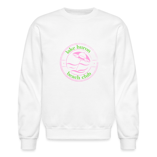 Fresh Coast Prep Crewneck Sweatshirt – Lake Huron Beach Club | Pink & Green Logo - white