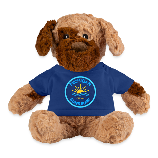 Michigan Sun & Surf Club Plush Dog – Cuddly Stuffed Animal with Logo Tee - royal blue