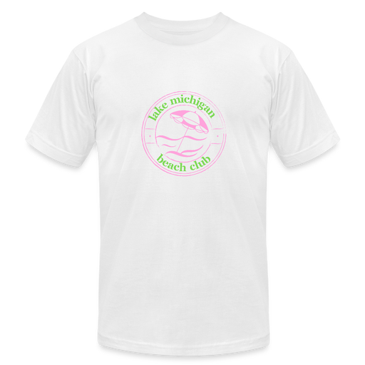 Fresh Coast Prep Tee – Lake Michigan Beach Club | Pink & Green Logo - white
