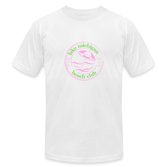 Fresh Coast Prep Tee – Lake Michigan Beach Club | Pink & Green Logo - white