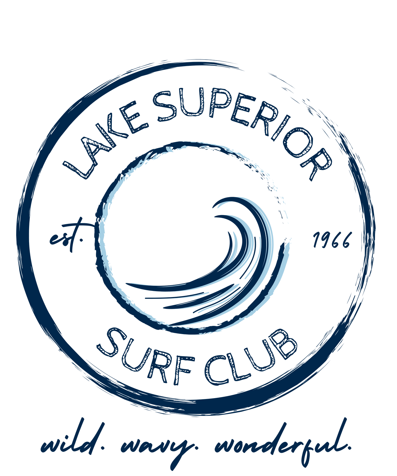lake Superior surf club collection logo on a navy tee