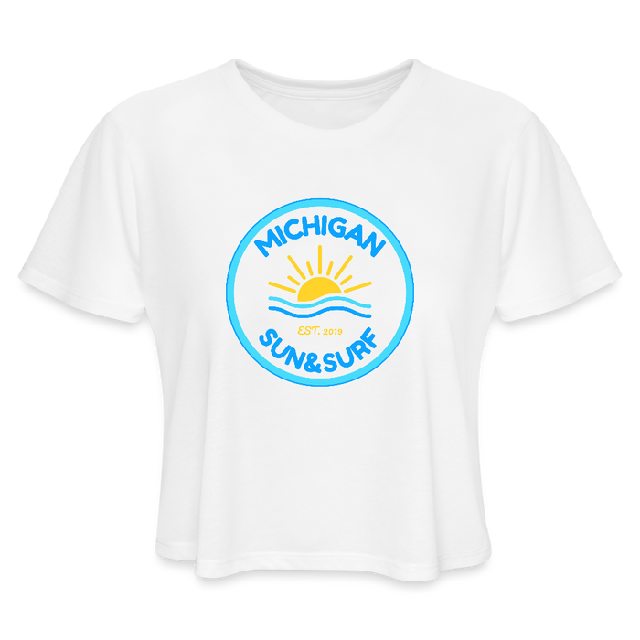 Michigan Sun & Surf™ Women's Cropped Tee – Flowy Retro Summer Fit - white