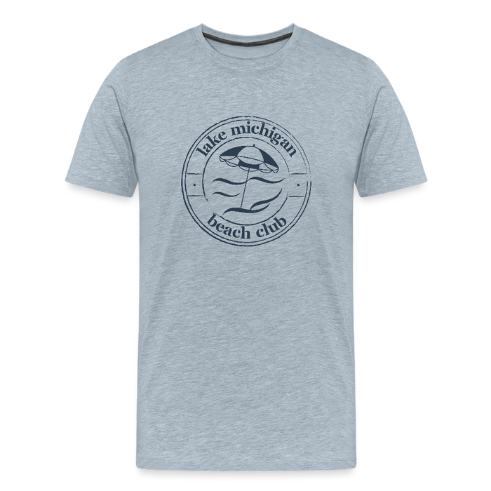 Lake Michigan Beach Club™ Men’s T-Shirt – Navy Logo - heather ice blue