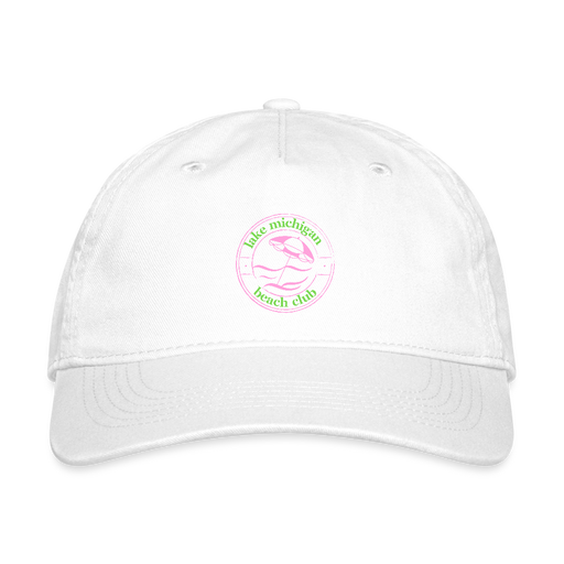 Lake Michigan Beach Club Organic Baseball Cap – Pink & Green Logo - white
