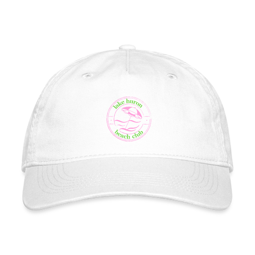 Lake Huron Beach Club Organic Baseball Cap – Pink & Green Logo - white