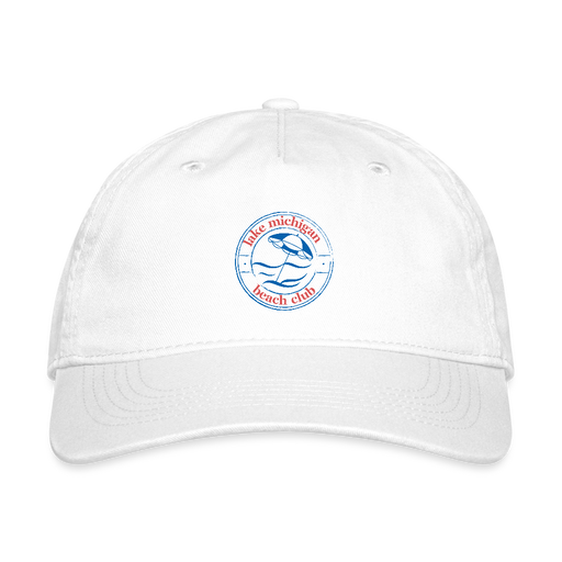 Lake Michigan Beach Club Organic Baseball Cap – Blue & Red Logo - white