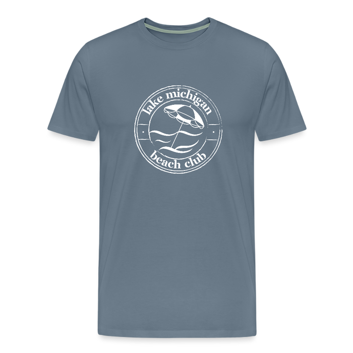 Lake Michigan Beach Club™ Men’s T-Shirt – White Logo - steel blue