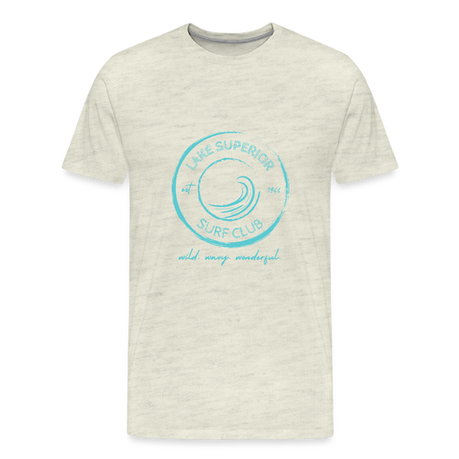 Lake Superior Surf Club Premium Unisex T-Shirt – Aqua Logo | Wild. Wavy. Wonderful. - heather oatmeal